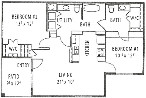 Floor plan for 2 beds, 2 baths, 1043 sqft